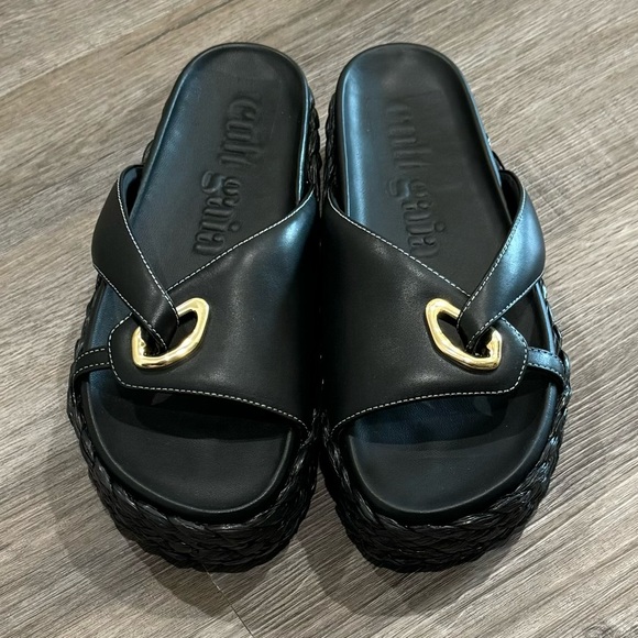 Cult Gaia Blythe Embellished Leather Platform Espadrille Sandal Slides in Black - Picture 4 of 16